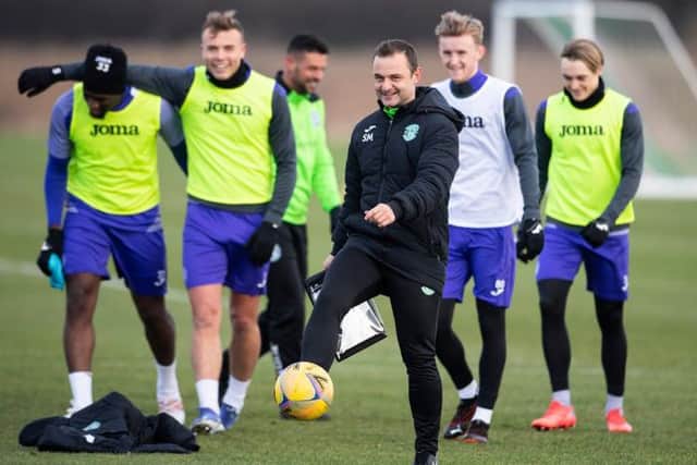 Hibs manager Shaun Maloney in upbeat mood during training with his players on Monday ahead of the Edinburgh derby showdown with Hearts at Easter Road on Tuesday night.