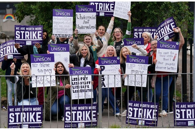 School support workers, who are members of Unison, on the picket line at Trinity Primary School in Edinburgh.