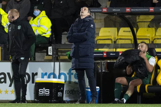 Hibernian manager Jack Ross cuts a frustrated figure after seeing his side slip to another defeat