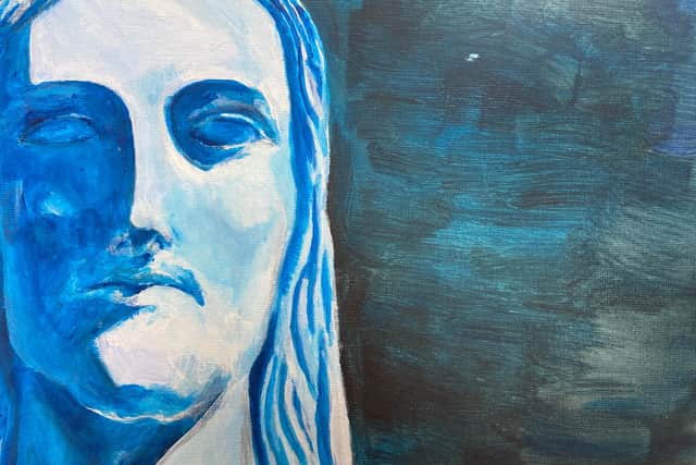 A painting of a statue in blue by Alex Cole-Hamilton