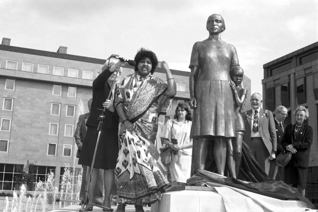 ANC member Mrs Suganya Chetty makes a speech at the unveiling of a statue dedicated to South African Freedom Fighters in Festival Square Edinburgh, in July 1986.