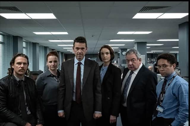 Jamie Sives as Dougie Gillman in Irvine Welsh's TV adaptation of Crime (2021), with Sarah McCardie, Dougray Scott, Joanna Vanderham, Ken Stott and Michael Abubakar.