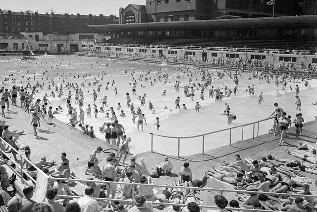 Holiday makers at Portobello Outdoor Swimming Pool in July 1955.