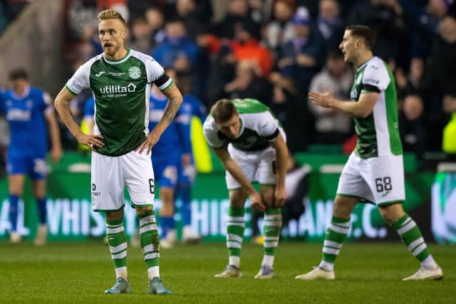 Dejection for the Hibs players as Rangers make it 4-1