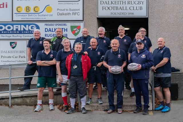 In the photo are from the left: David West (Ageing Well) Charlie Adams (MWR President) and Neil Wood (Dalkeith RFC 1st Team Coach).