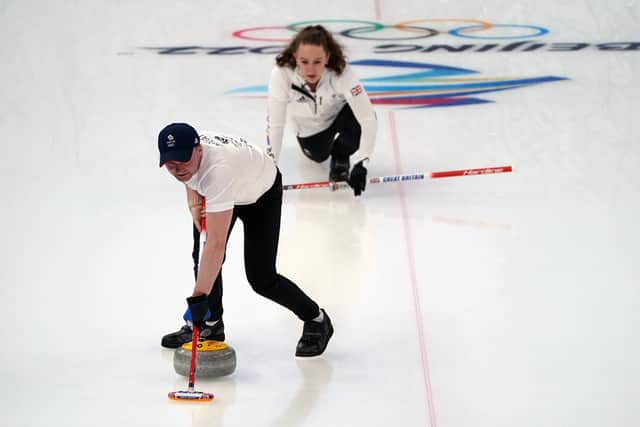 Great Britain's Bruce Mouat and Jenn Dodds in the curling mixed doubles semi-finals during day three of the Beijing 2022 Winter Olympic Games
