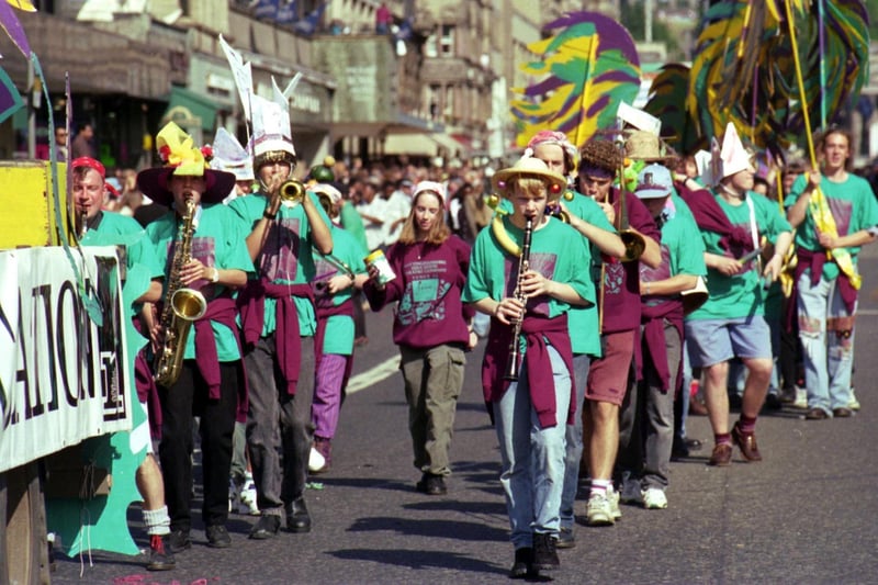 A marching band takes part in the Evening News Cavalcade aka Edinburgh Festival Cavalcade in Princes Street Edinburgh, August 1993.