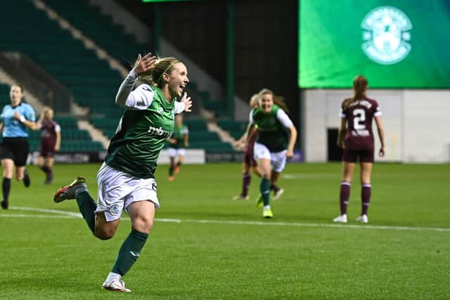 Rachael Boyle celebrates scoring for Hibs against Hearts at Easter Road