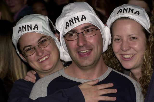 Wearing pants on your head has a number of uses, including, in this case, showing support for a Big Brother contestant called Anna (Picture: Toby Melville/PA)