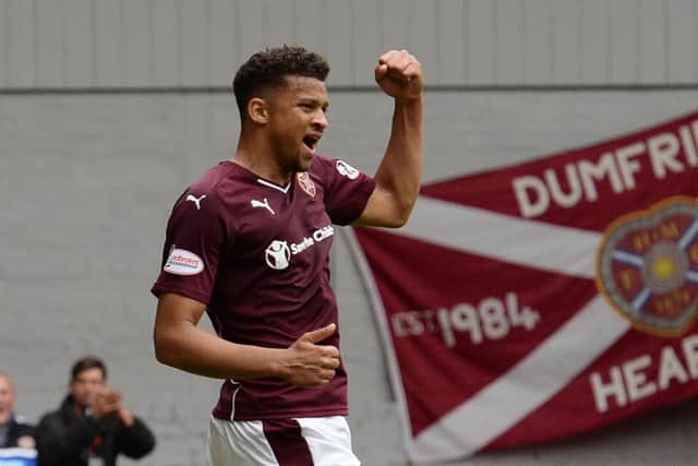 22/08/15 LADBROKES PREMIERSHIP
HEARTS v PARTICK THISTLE
TYNECASTLE - EDINBURGH
Hearts star Osman Sow celebrates his opening goal