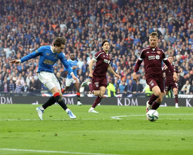 Rangers' Scott Wright (centre) scores their side's second goal of the game during the Scottish Cup final at Hampden Park, Glasgow. Picture date: Saturday May 21, 2022.