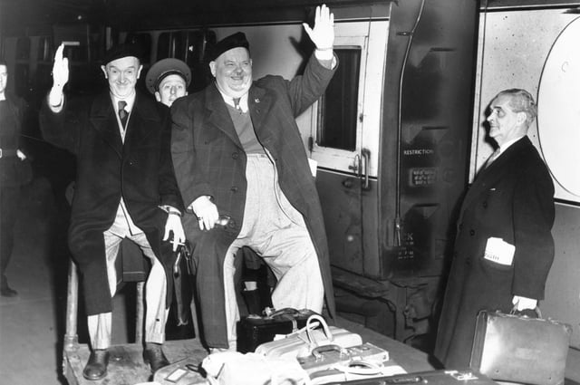 Stan Laurel and Oliver Hardy at the Caledonian railway station in Edinburgh on 13 April 1954