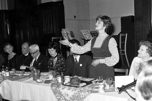 A speaker addresses the haggis at a Burns Supper in Edinburgh's Kintore Rooms on Queen Street, in January 1974.