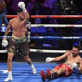 Josh Taylor reacts after knocking down Jose Ramirez en route to becoming the undisputed world super-lightweight champion. Picture: David Becker/Getty Images