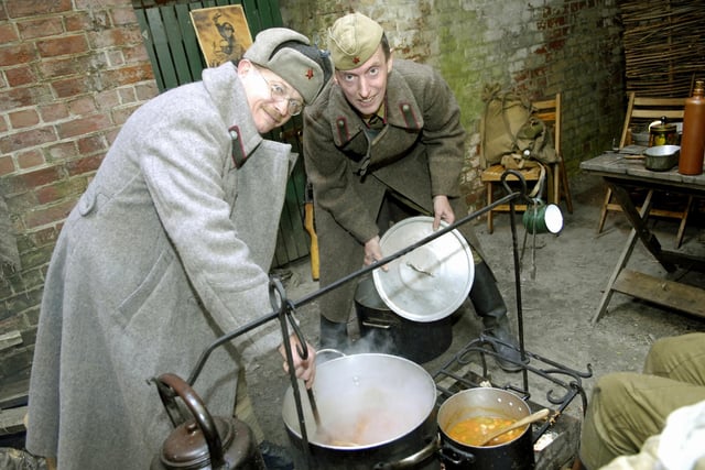 2010. Second World War event at Fort Nelson. Nigel Greenaway and Trevor Gale demonstrate some Soviet style cooking in the fort. Picture: Will Caddy 101070-3