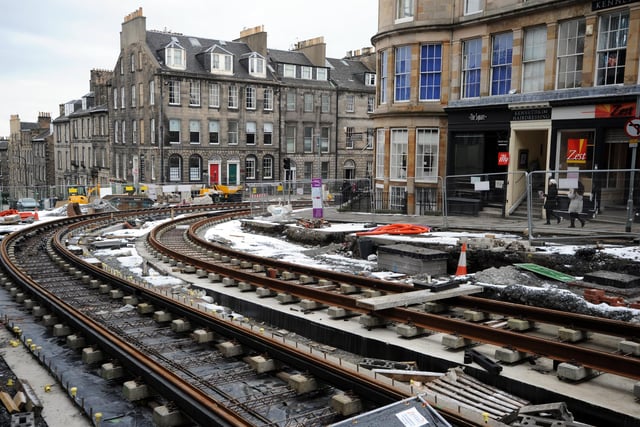 This photo shows tram works along York Place and the bottom of North St Andrew Street, Edinburgh in January 2013.