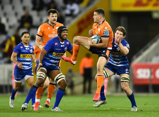 Emiliano Boffelli takes a high ball under pressure during Edinburgh's 28-17 defeat by Stormers in South Africa. (Photo by Ashley Vlotman/Gallo Images/Getty Images)