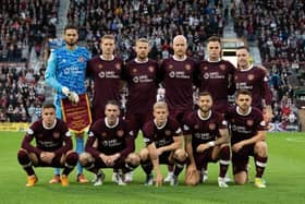 The Hearts starting XI line up prior to kick-off in the second leg of their Europa League play-off with FC Zurich. Picture: SNS