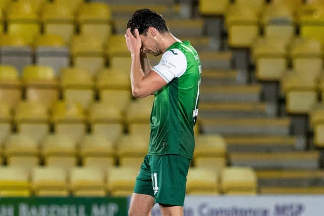 Hibernian's Joe Newell cuts a dejected figure after the 1-0 defeat at Livingston on Wednesday