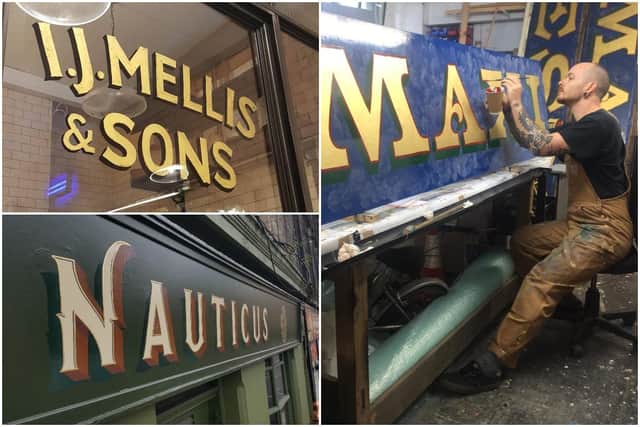 Tatch at work on the Maxies sign for the bistro in Victoria Street and examples of his work at IJ Mellis and Nauticus picture: Tatch Hatch Robertson