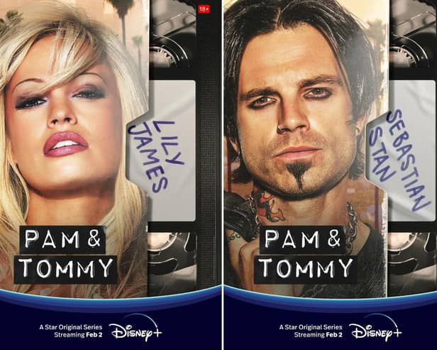 Lily James and Sebastian Stan look the part in the lead roles of Pamela Anderson and Tommy Lee. Photo: Disney / Hulu.