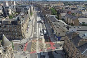 An aerial view of Leith Walk as the tram extension nears its final stages.