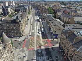 An aerial view of Leith Walk as the tram extension nears its final stages.