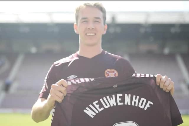Calem Nieuwenhof was paraded as a Hearts player after officially completing his transfer from Western Sydney Wanderers. Picture: HMFC
