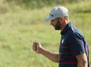 Dustin Johnson celebrates on the 12th green during Friday afternoon fourballs at Whistling Straits. Picture: Patrick Smith/Getty Images.