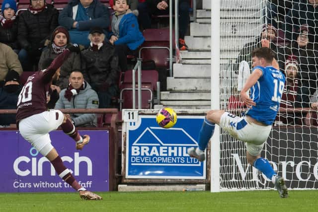 Josh Ginnelly puts Hearts 1-0 up against Kilmarnock in the recent victory at Tynecastle. Picture: SNS