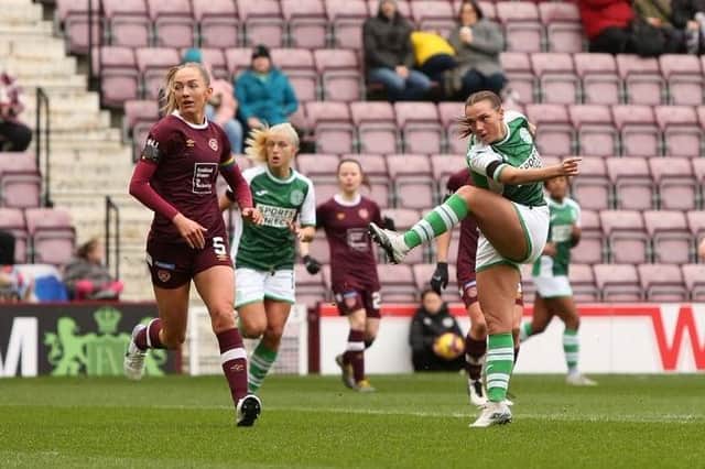 Michaela McAlonie fires Hibs in front at Tynecastle Park before Hearts fought back in the Capital Cup. Picture: Michael Hulf/Hibernian Football Club