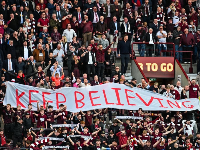 Hearts fans react after the final whistle (Photo by ANDY BUCHANAN / AFP via Getty Images)