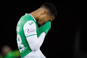 Hibernian's Allan Delferriere looks dejected during the Cinch Premiership match between Hibs and Ross County  at Easter Road, on October 31, 2023. (Photo by Ross Parker / SNS Group)