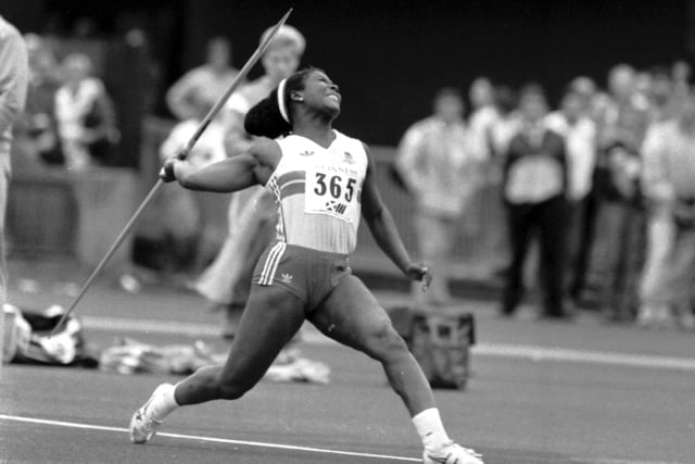 English athlete Tessa Sanderson taking part in the javelin event at the1986 Commonwealth Games.