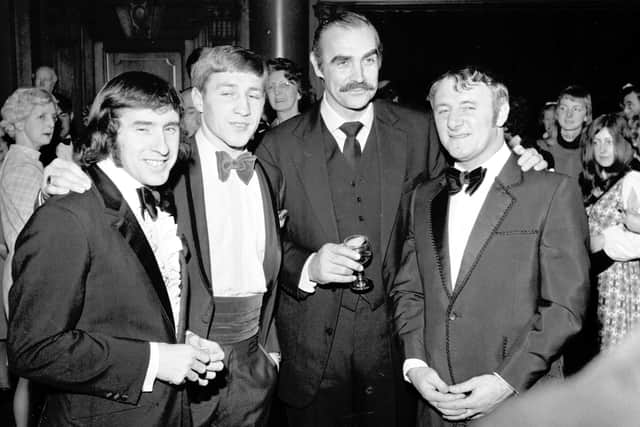 Scottish actor Sean Connery at the premiere of Diamonds Are Forever at the Odeon cinema in Edinburgh in January 1972 - with sportsmen (l-r) Jackie Stewart, Ken Buchanan and Tommy Docherty.
