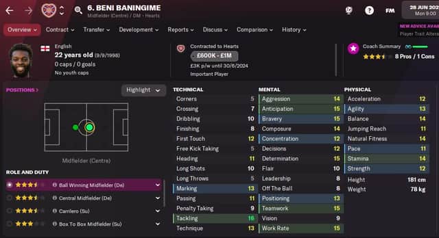 Hearts fan favourite Beni Baningime is best played as a ball-winning midfielder and has strong attributes including tackling, work rate and team work.