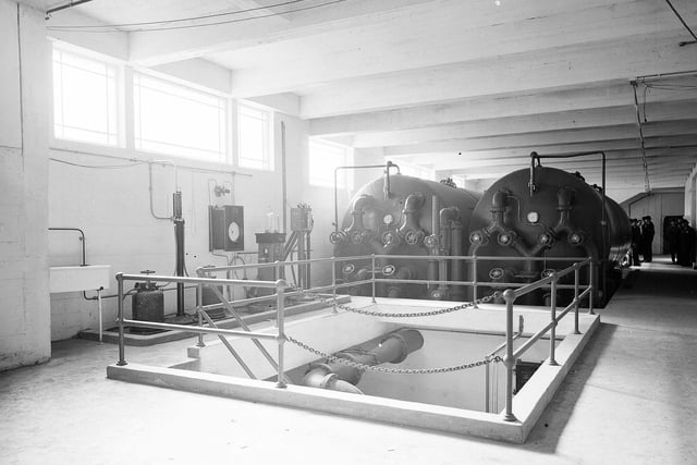 Portobello Outdoor Swimming Pool's filtration plant pictured in 1950. The photograph shows large cylinders which contained beds of sand through which the water passed. Chlorine gas was also used to ensure absolute purity.