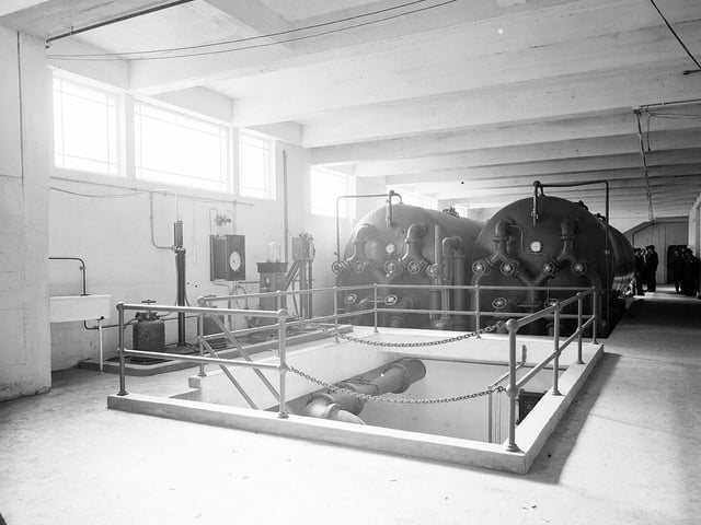 Portobello Outdoor Swimming Pool's filtration plant pictured in 1950. The photograph shows large cylinders which contained beds of sand through which the water passed. Chlorine gas was also used to ensure absolute purity.