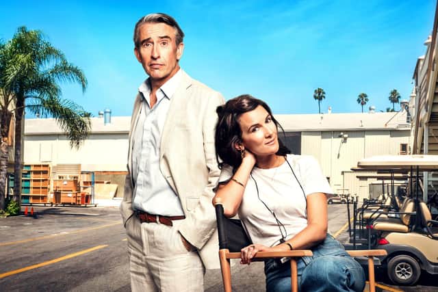 Steve Coogan as Cameron and Sarah Solemani as Bobby in Channel 4 comedy-drama Chivalry, set in post-Me Too Hollywood, with appearances by Sienna Miller, Aisling Bea and Peter Mullan. Pic: Matt Crockett