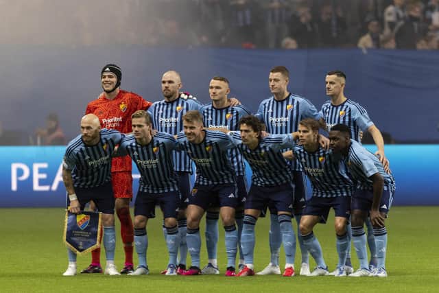 Djurgårdens line up ahead of a Europa Conference League clash with Lech Poznań at the Tele2 Arena in March 2023. Picture: Michael Campanella / Getty Images