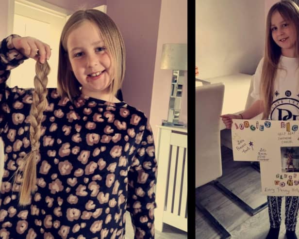 Jorgie Kidd, pictured after and before her charity chop.