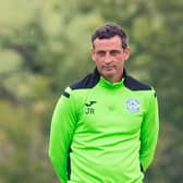 Jack Ross keeps a close eye on training at East Mains ahead of the Europa Conference League qualifier against FC Santa Coloma