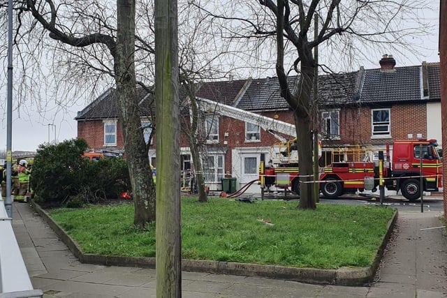 A fire engine outside the house where the explosion took place. Picture: Habibur Rahman