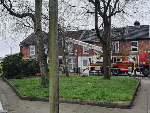 A fire engine outside the house where the explosion took place. Picture: Habibur Rahman