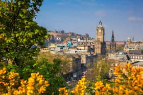View of old town Edinburgh with flowers during spring in Scotland