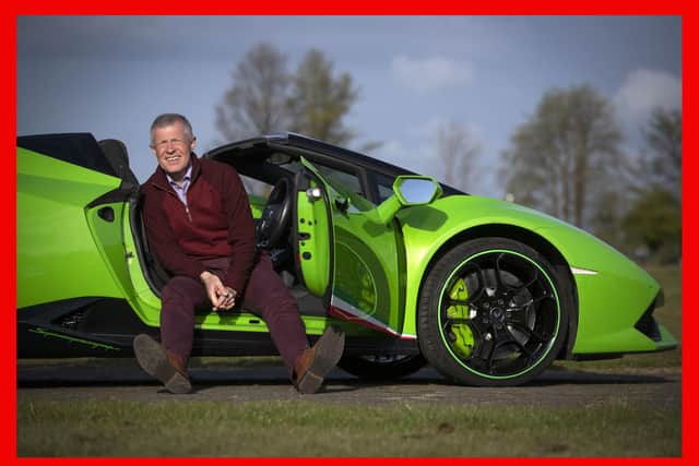 Willie Rennie drives a Lamborghini Huracan supercar at Ingliston Racing Circuit at the Royal Highland Centre.  Pic: Jane Barlow
