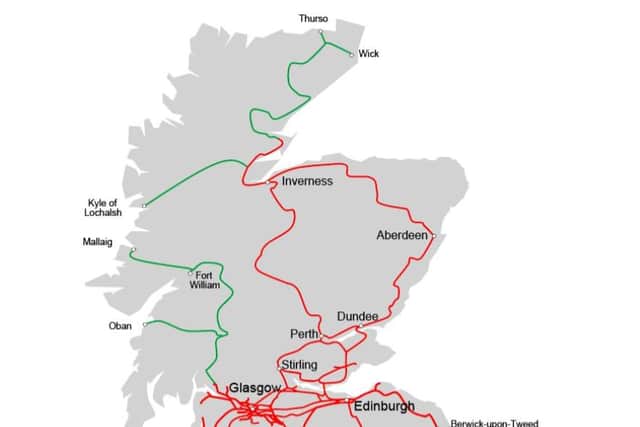 Lines in red are to be electrified while those in green will be operated by "alternative traction" such as hydrogen trains. Picture: Transport Scotland