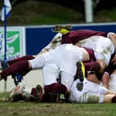 The Hearts players mob team mate Marius Zaliukas (hidden) after his goal secures the win for the away side