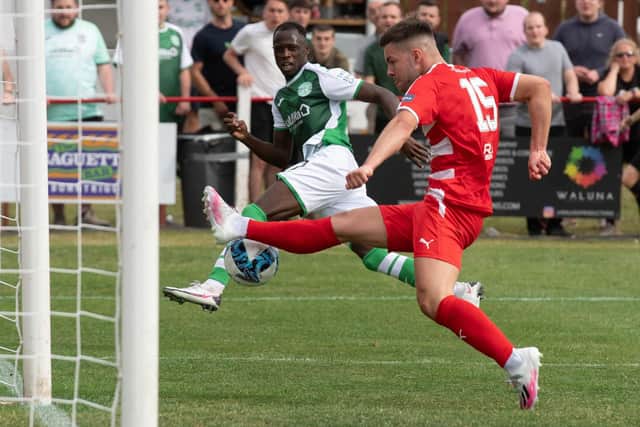 A last-ditch goal-line clearance by Josh Grigor prevented Momodou Bojang from netting a debut goal for Hibs
