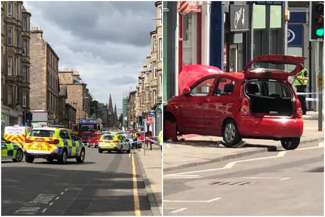 Pictures of the scene where a car mounted a pavement and hit two pedestrians outside St Columba's charity shop in Morningside Road, Edinburgh